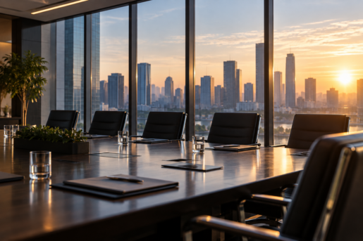 Sunlit executive boardroom with skyline views